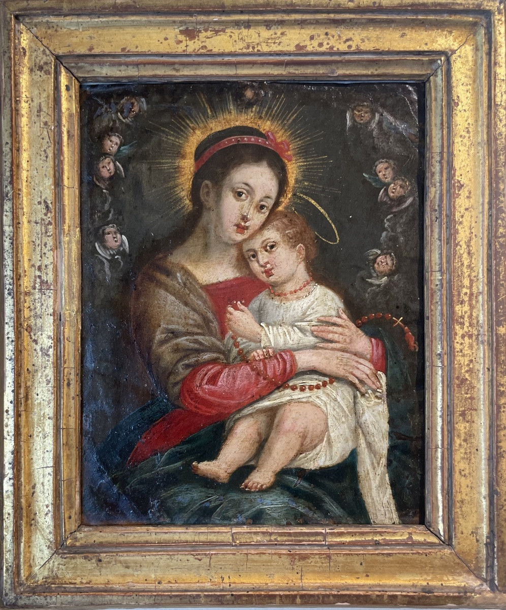 Madonna con Bambino e rosario in corallo Olio su rame. Italia meridionale, XVII sec