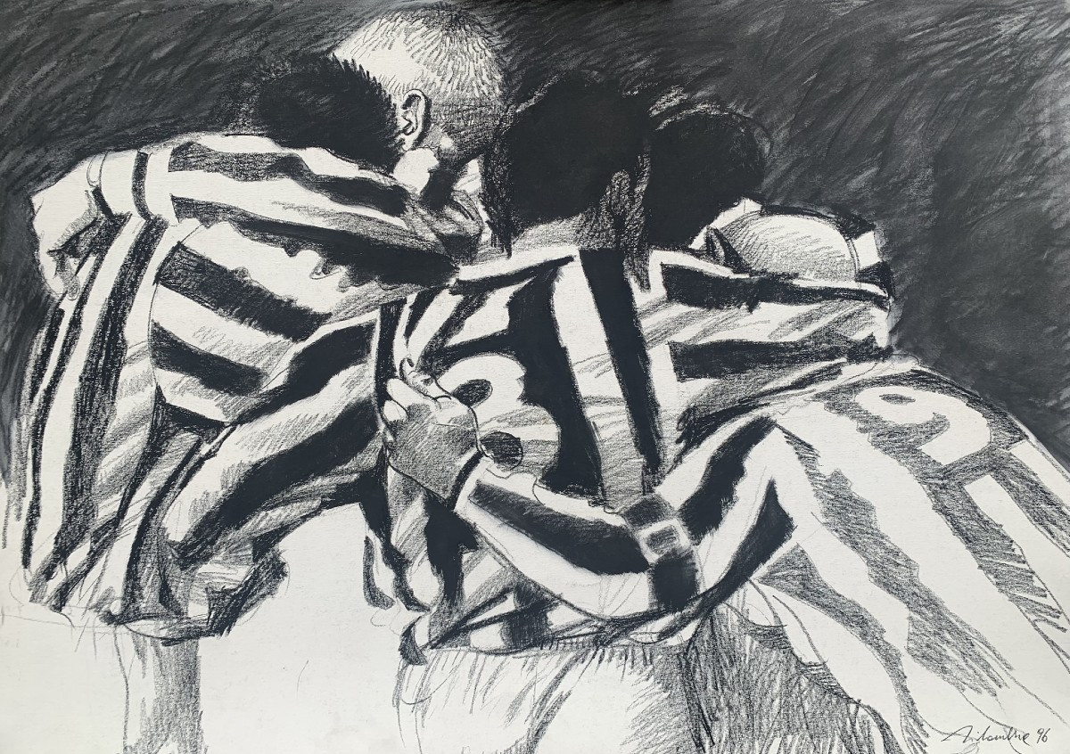 Juventus – Disegno di calcio: l’abbraccio dopo il gol. UEFA Champions League 1995–96