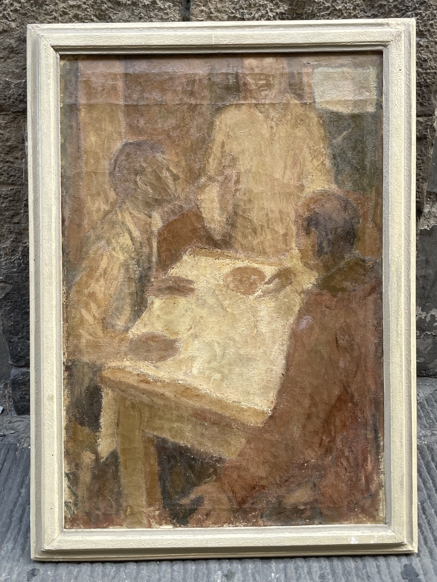 Cena in Emmaus, firmato e datato 1943 – Scuola Romana (?) Novecento. Dipinto di 60 × 85 cm con -photo-2