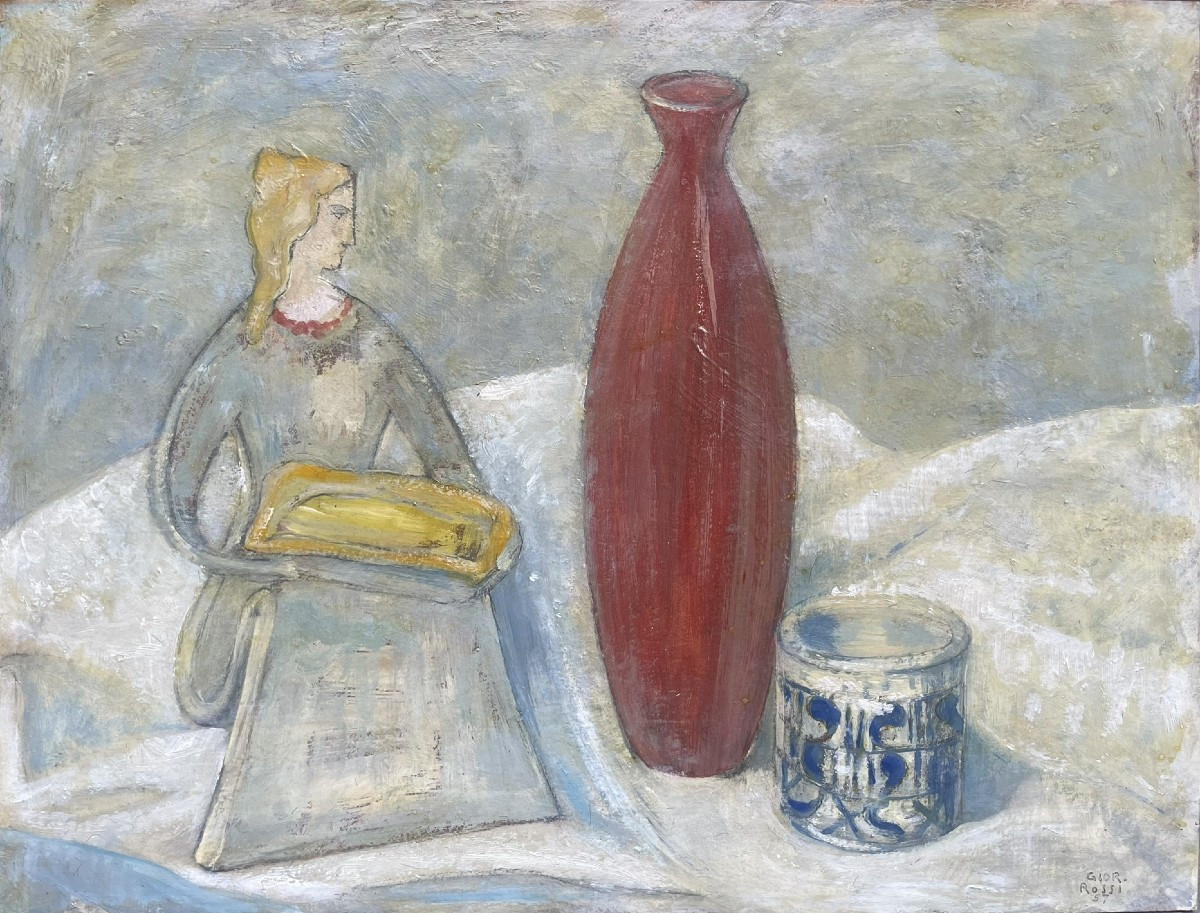 Giorgio Rossi (1892–1963) Statuetta e vaso rosso, 1957. Firmato e datato