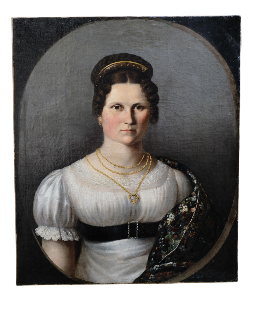 Scuola Europa centrale, Ritratto di dama con scialle floreale, ca. 1825