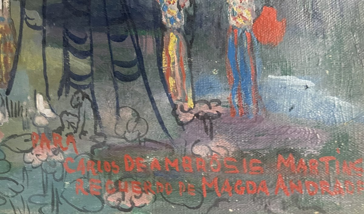 Magda Andrade (Venezuela, 1912 – Parigi, 1984) Magia tropicale. Paesaggio con palme e figure-photo-2