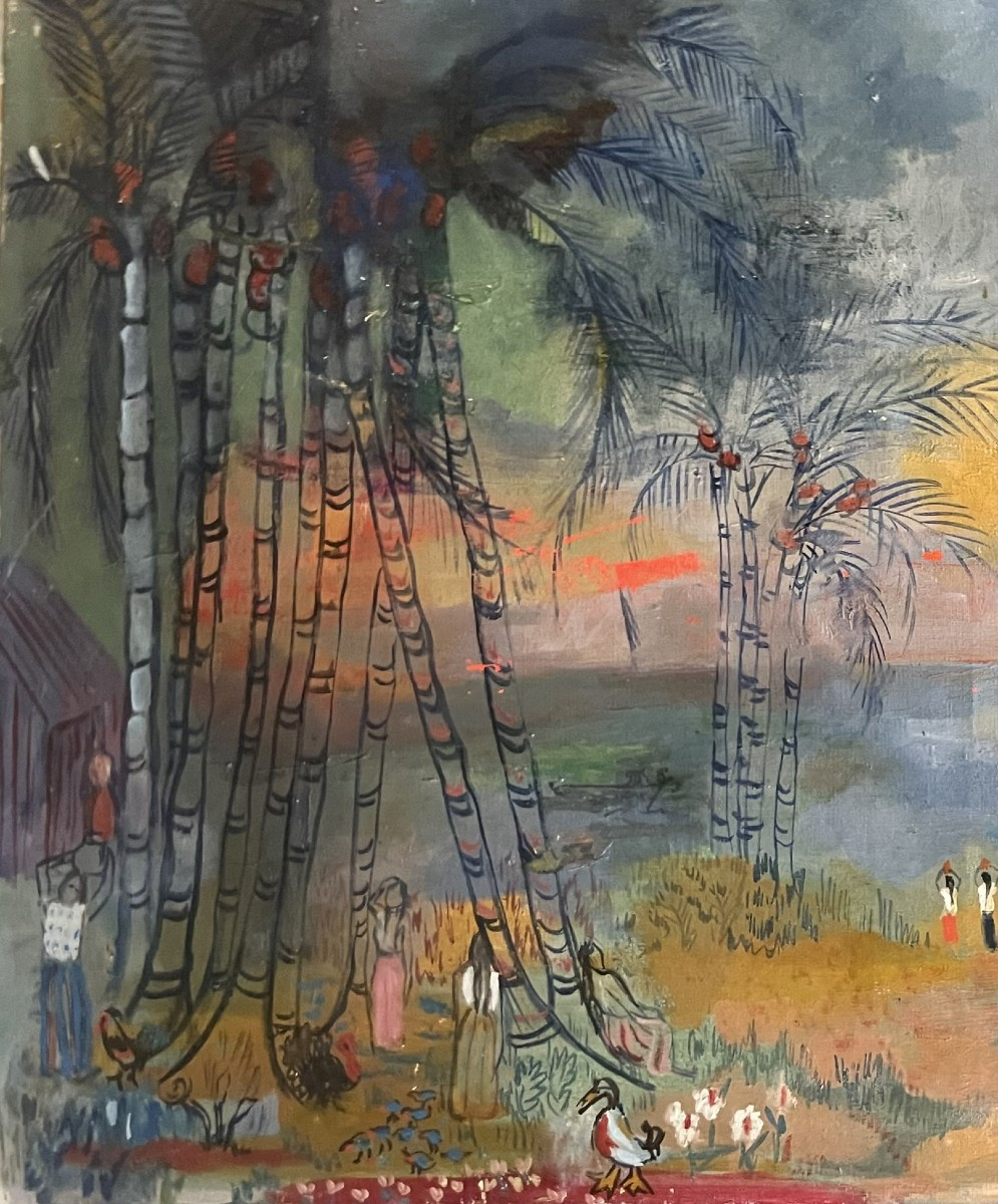 Magda Andrade (Venezuela, 1912 – Parigi, 1984) Magia tropicale. Paesaggio con palme e figure-photo-3