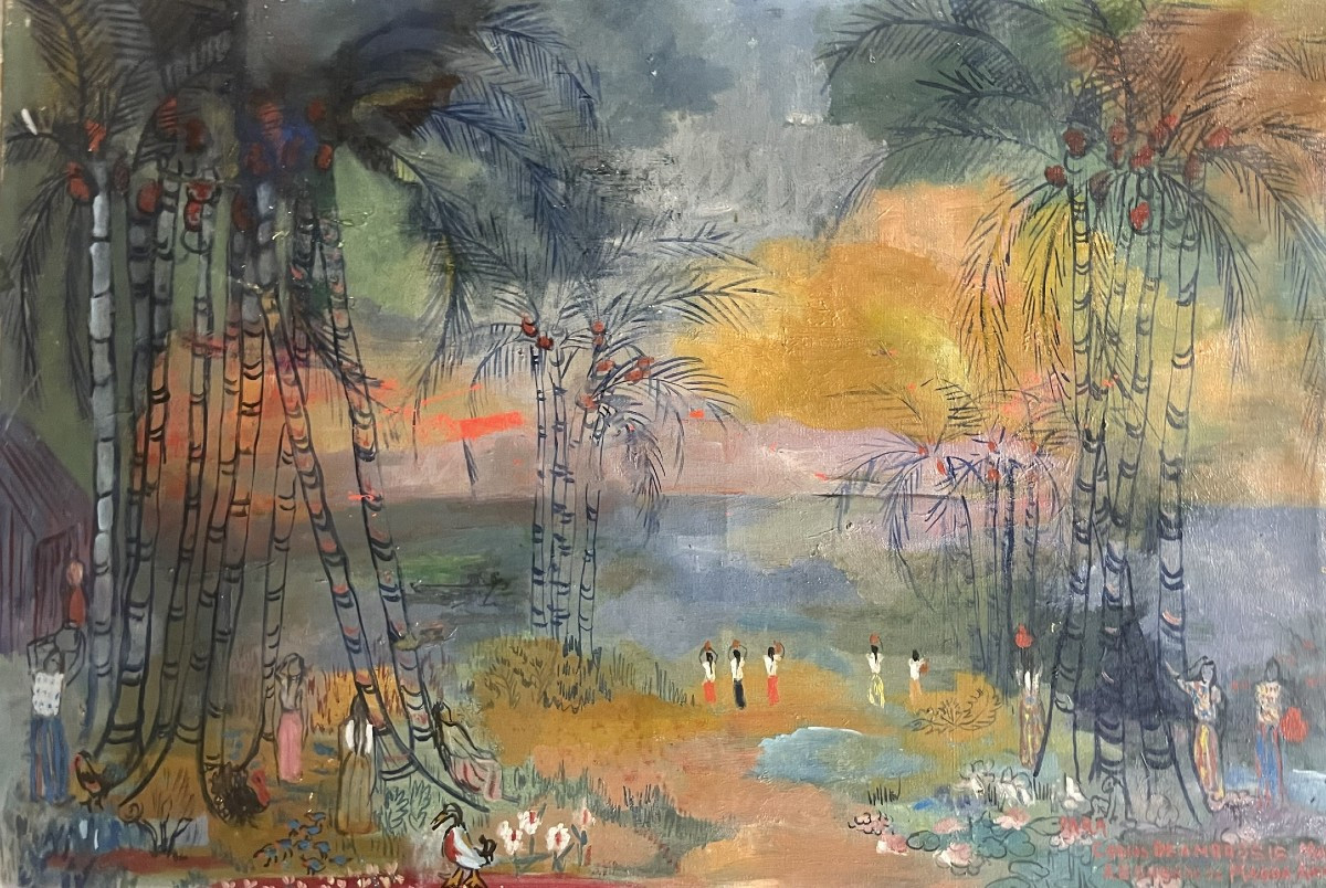 Magda Andrade (Venezuela, 1912 – Parigi, 1984) Magia tropicale. Paesaggio con palme e figure