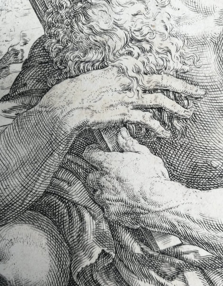 San Girolamo penitente con teschio e crocifisso, incisione inizio XVII secolo di Oliviero Gatti-photo-2