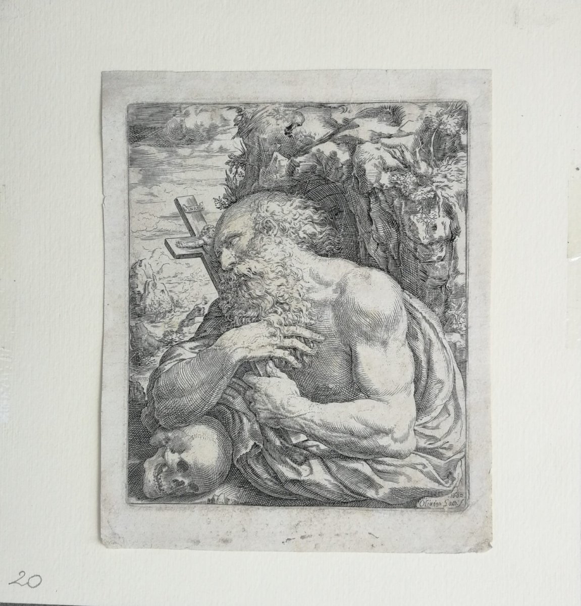 San Girolamo penitente con teschio e crocifisso, incisione inizio XVII secolo di Oliviero Gatti-photo-5