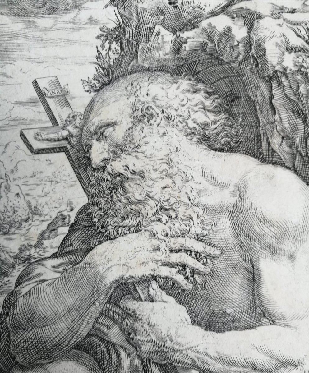 San Girolamo penitente con teschio e crocifisso, incisione inizio XVII secolo di Oliviero Gatti-photo-6