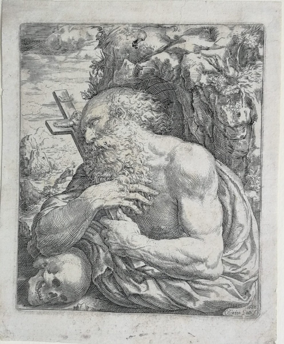 San Girolamo penitente con teschio e crocifisso, incisione inizio XVII secolo di Oliviero Gatti