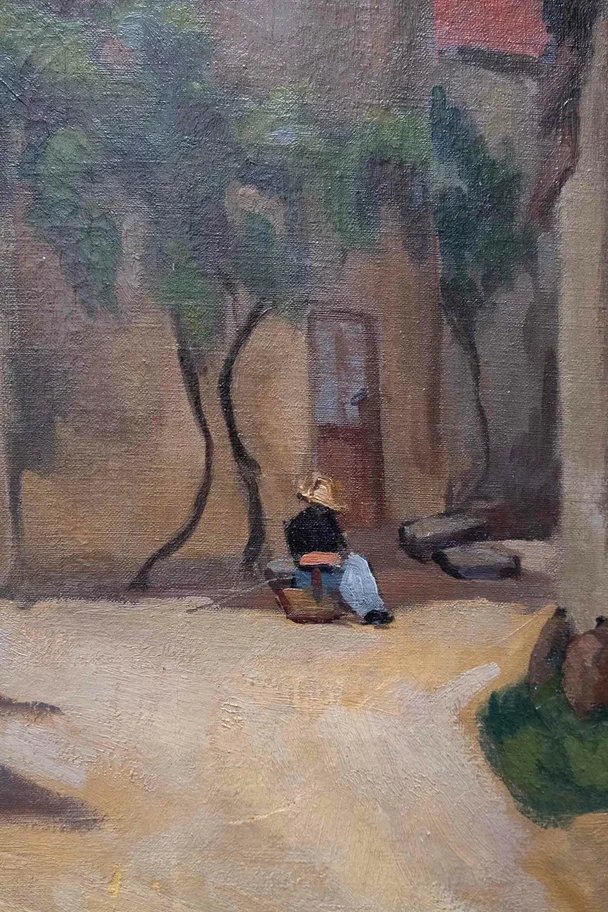 Villaggio francese con contadini e uva. Dipinto post-impressionista, ca. 1900-photo-2