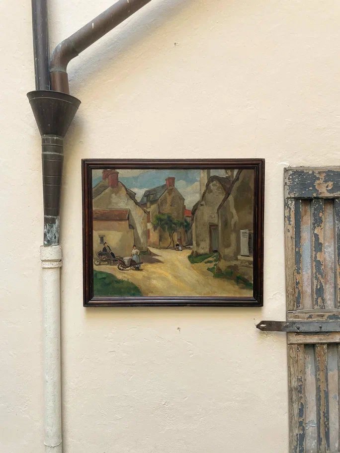 Villaggio francese con contadini e uva. Dipinto post-impressionista, ca. 1900-photo-3