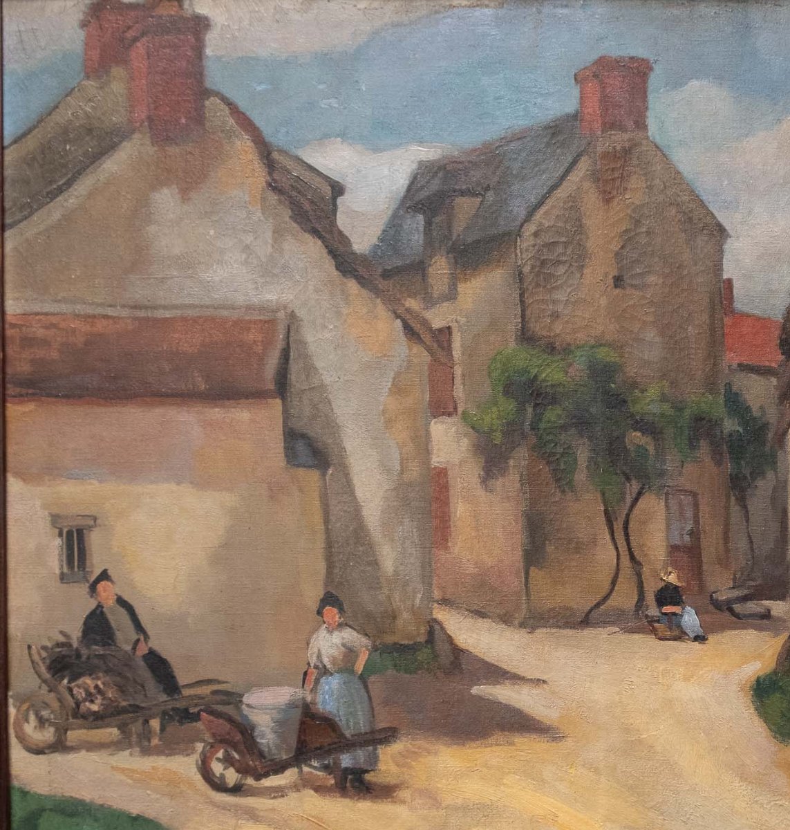 Villaggio francese con contadini e uva. Dipinto post-impressionista, ca. 1900-photo-1