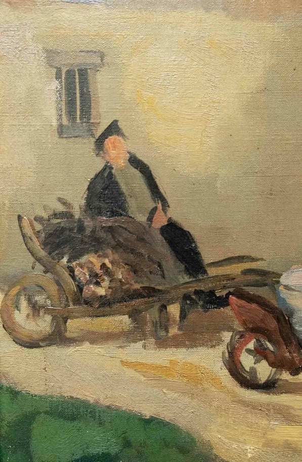 Villaggio francese con contadini e uva. Dipinto post-impressionista, ca. 1900-photo-4