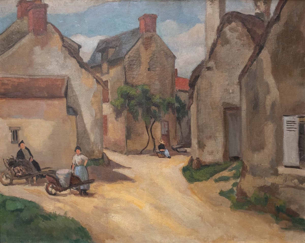 Villaggio francese con contadini e uva. Dipinto post-impressionista, ca. 1900-photo-7