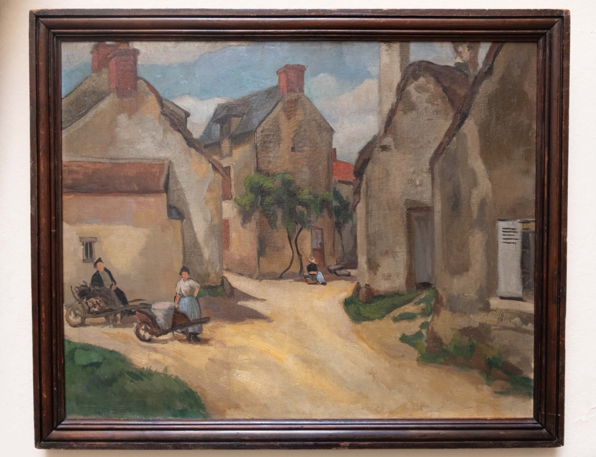 Villaggio francese con contadini e uva. Dipinto post-impressionista, ca. 1900