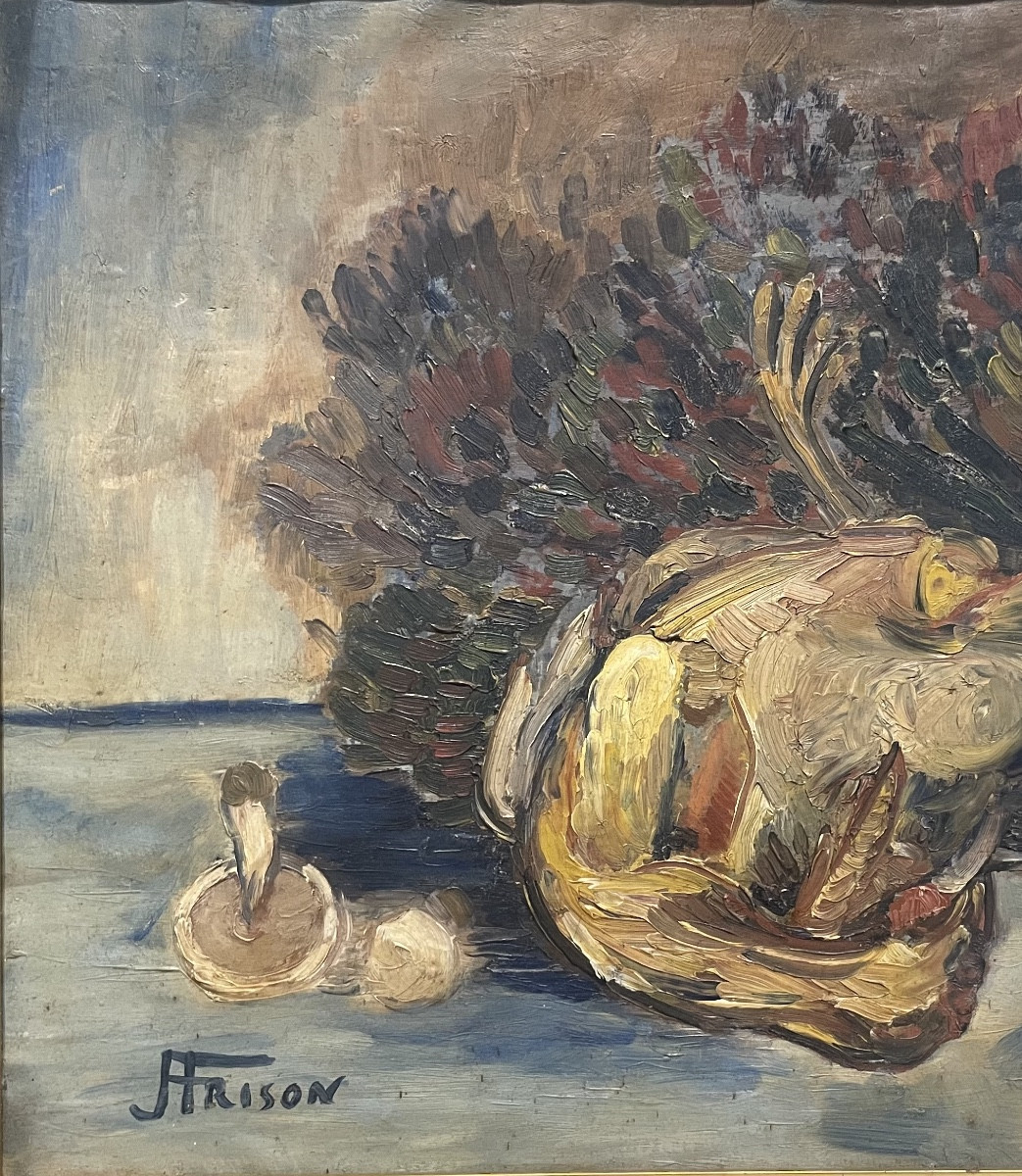 Jehan Frison (1882–1961), Natura morta con gallo e funghi, fauvismo belga, anni 1930–40  -photo-1