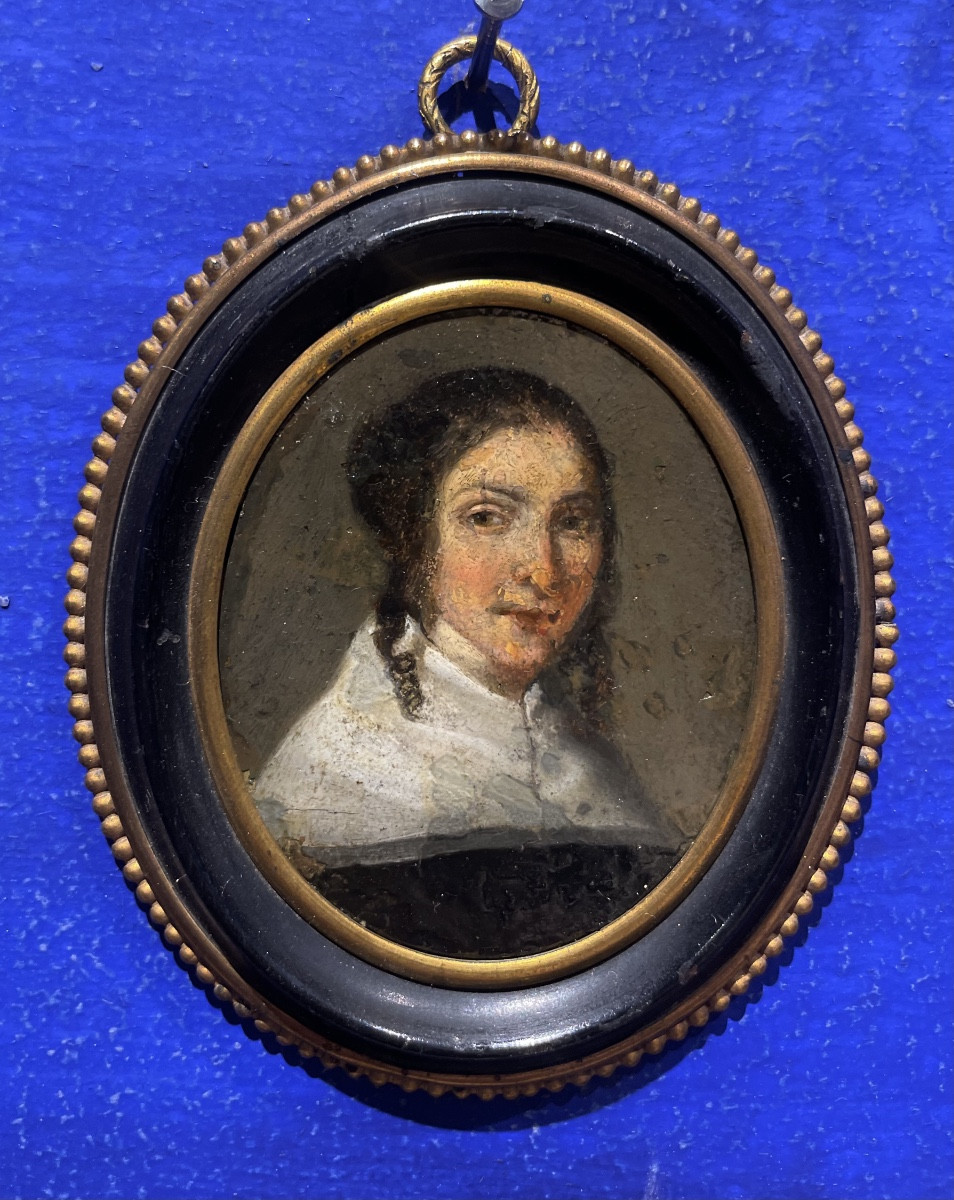 Miniatura su rame. Ritratto di dama con colletto bianco. Scuola olandese, 1630–1640. 