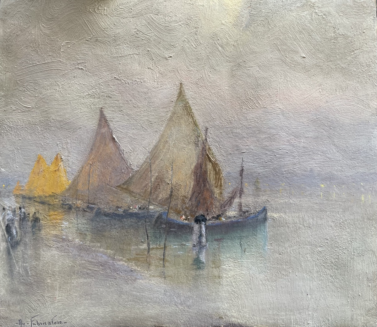 Nicola Fabbricatore (Napoli 1888 – Roma 1962) Veduta di barche a Venezia all’alba -photo-3