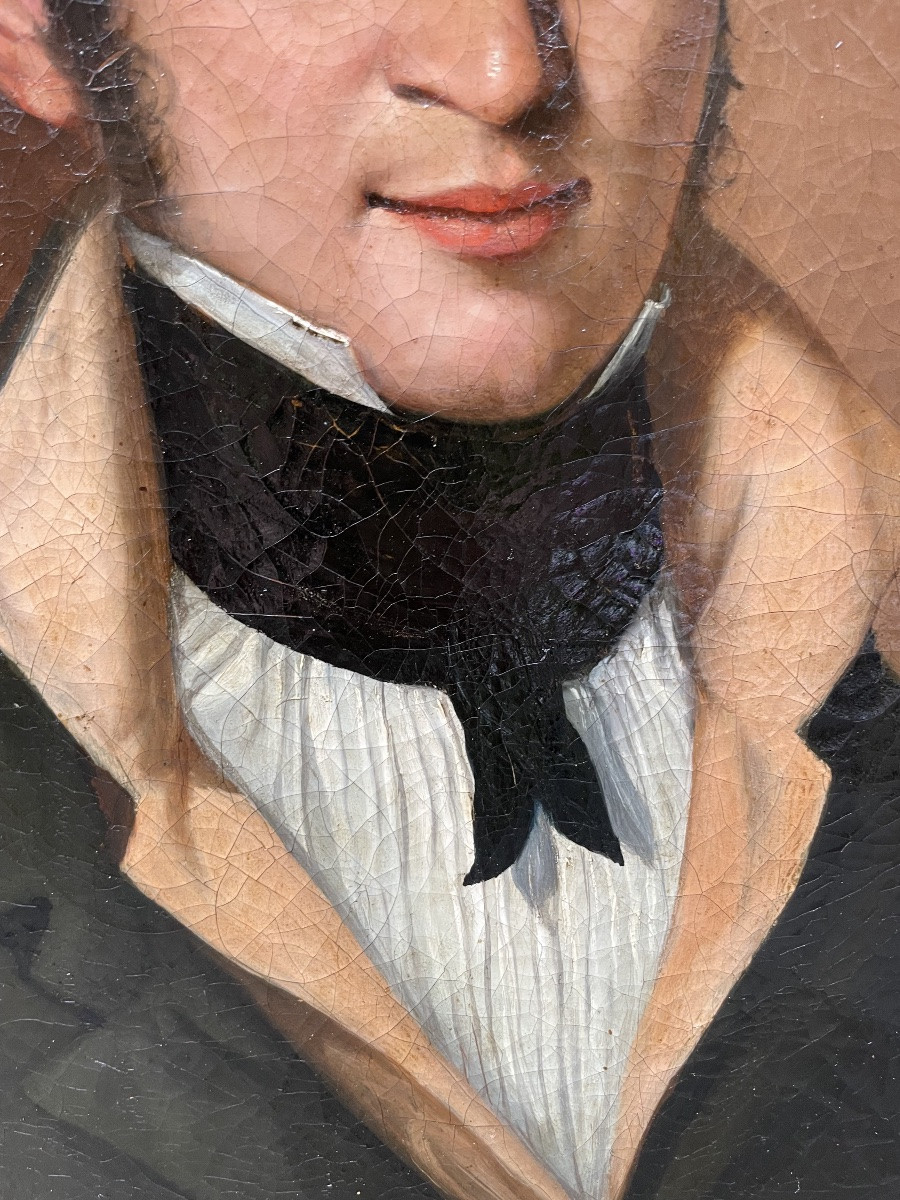 Ritratto maschile, 1810–1820, giovane bruno con colletto alto e cravatta nera. Epoca Impero-photo-3