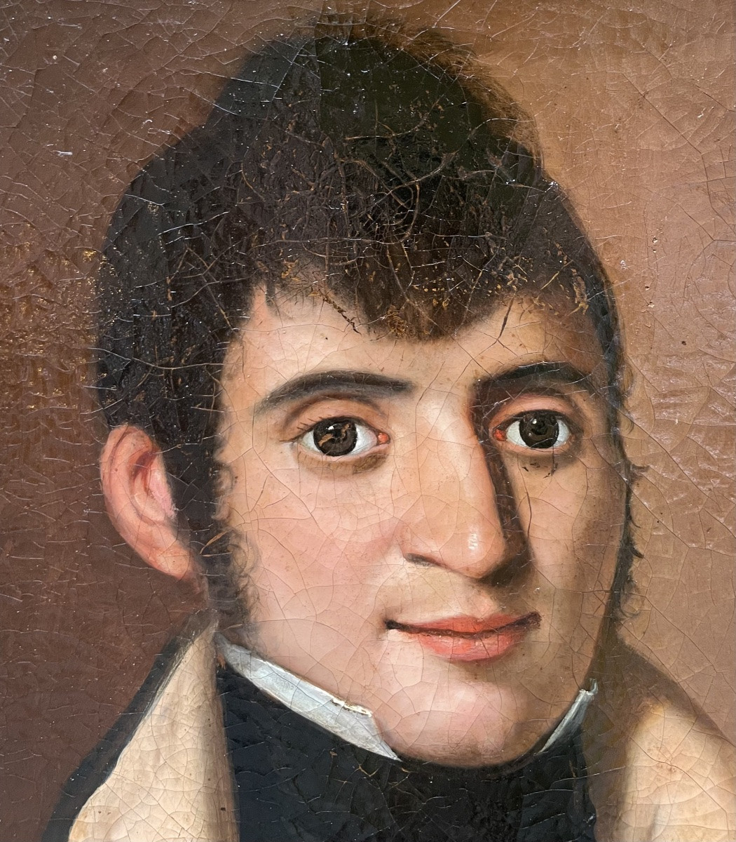 Ritratto maschile, 1810–1820, giovane bruno con colletto alto e cravatta nera. Epoca Impero-photo-3