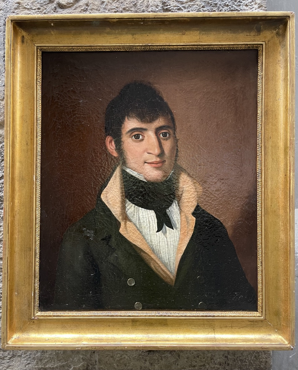 Ritratto maschile, 1810–1820, giovane bruno con colletto alto e cravatta nera. Epoca Impero-photo-5