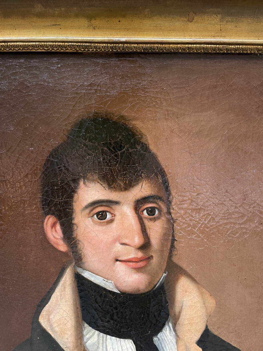 Ritratto maschile, 1810–1820, giovane bruno con colletto alto e cravatta nera. Epoca Impero-photo-8
