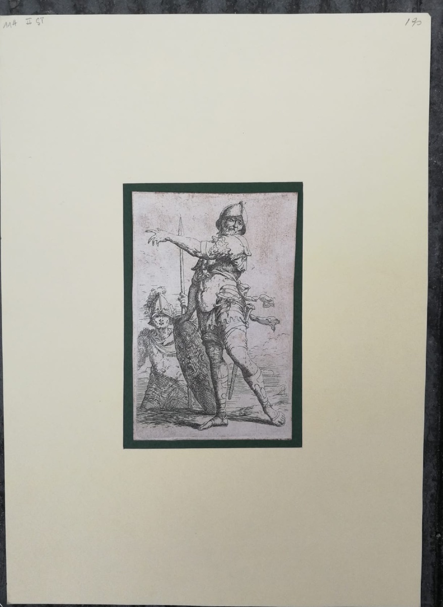 Salvator Rosa (1615–1673), Soldato con scudo di Medusa. Acquaforte, serie Figurine, XVII secolo-photo-3