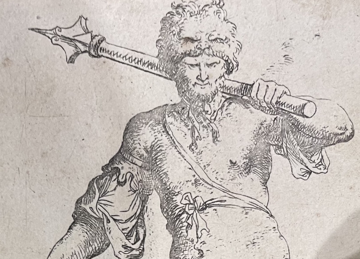Salvator Rosa (Napoli,  1615 – Roma, 1673), Guerriero con mazza e scudo. Acquaforte e bulino-photo-8