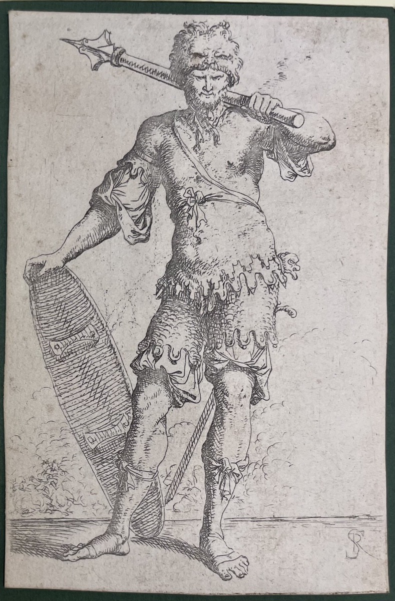 Salvator Rosa (Napoli,  1615 – Roma, 1673), Guerriero con mazza e scudo. Acquaforte e bulino