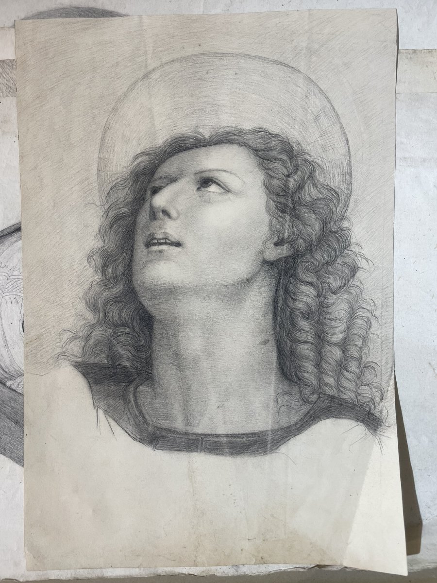 Testa con aureola, studio accademico ispirato a Perugino, scuola toscana, cm 40 × 28-photo-3