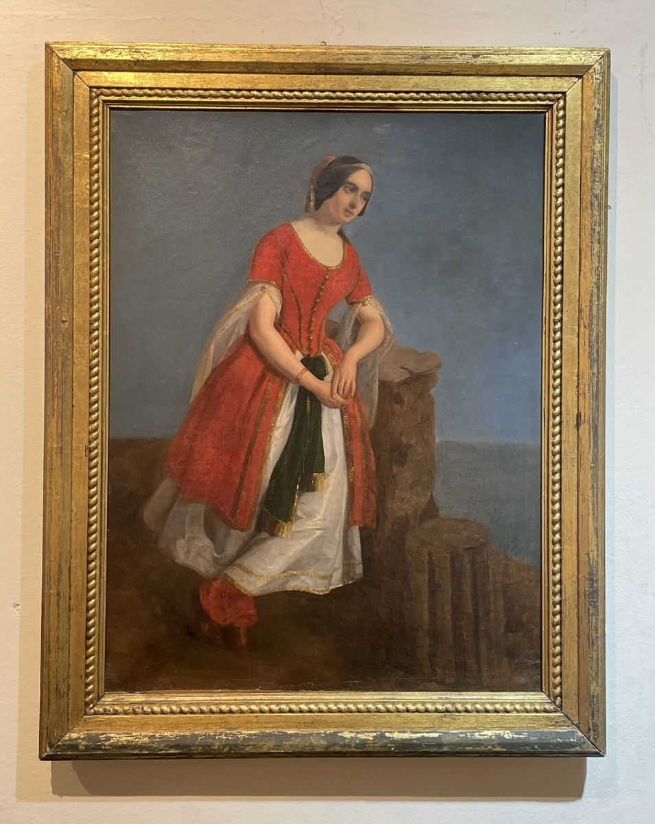 Ritratto romantico di donna in abito orientalista tra le rovine greche, ca. 1840