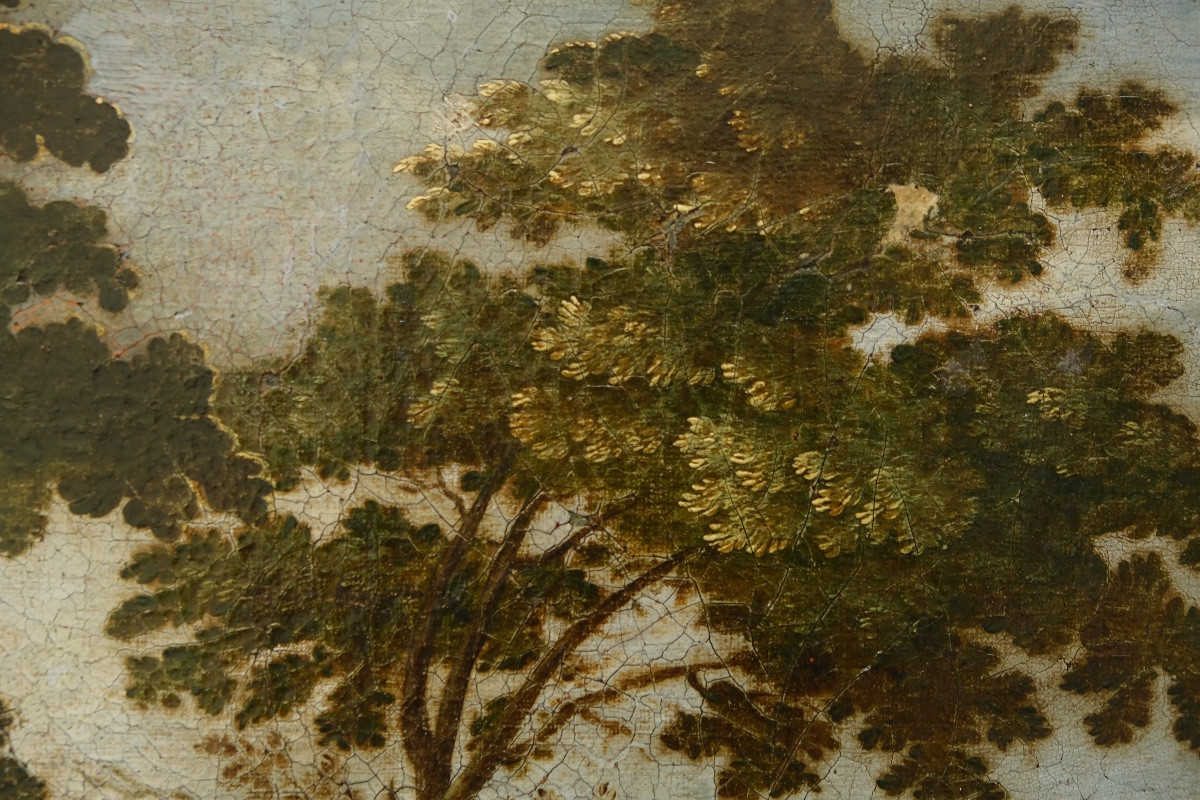 Scuola fiamminga, paesaggio boschivo con castello e città sul colle vicino al fiume, XVII sec-photo-2