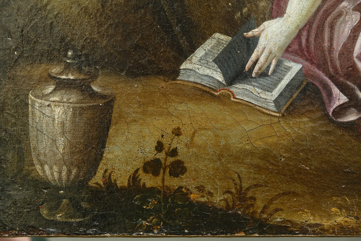 Scuola fiamminga, paesaggio boschivo con castello e città sul colle vicino al fiume, XVII sec-photo-4