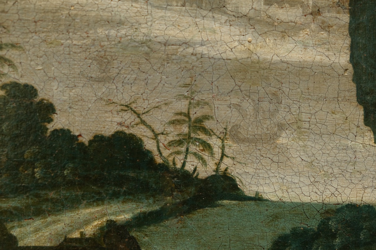 Scuola fiamminga, paesaggio boschivo con castello e città sul colle vicino al fiume, XVII sec-photo-5