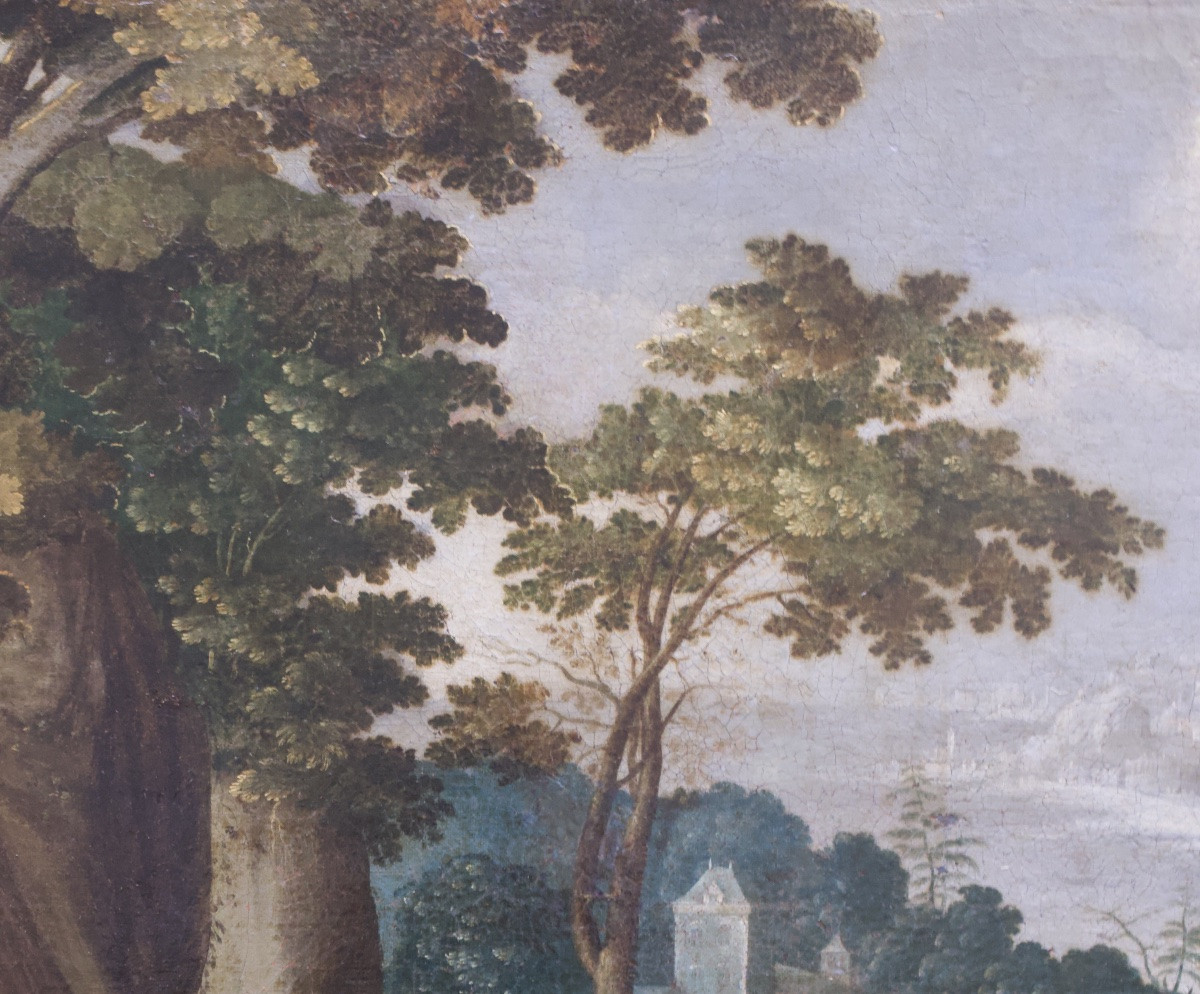 Scuola fiamminga, paesaggio boschivo con castello e città sul colle vicino al fiume, XVII sec-photo-6