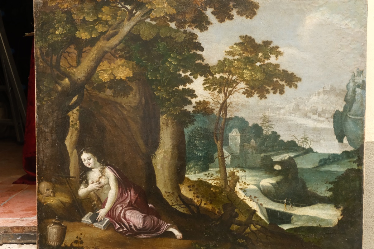 Scuola fiamminga, paesaggio boschivo con castello e città sul colle vicino al fiume, XVII sec-photo-7