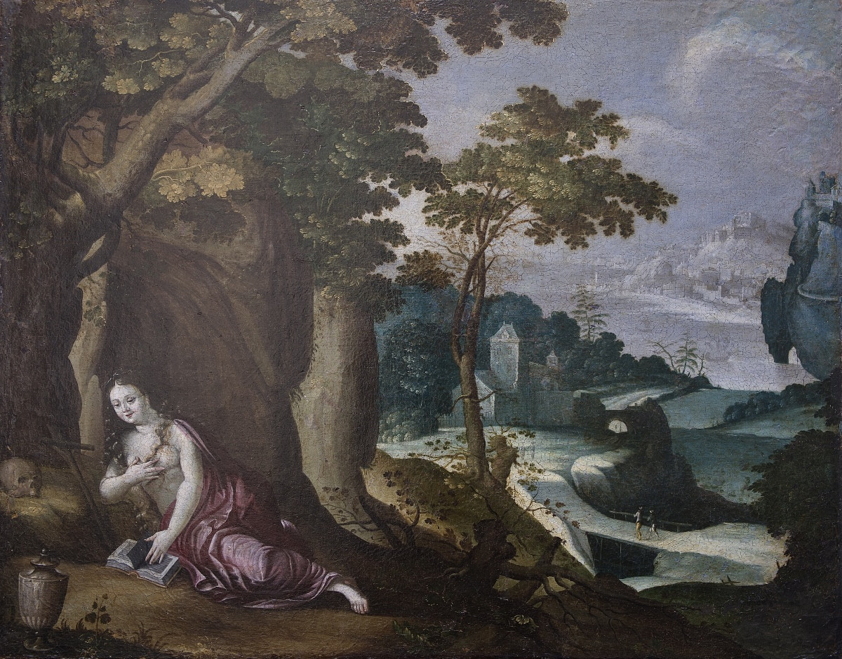 Scuola fiamminga, paesaggio boschivo con castello e città sul colle vicino al fiume, XVII sec