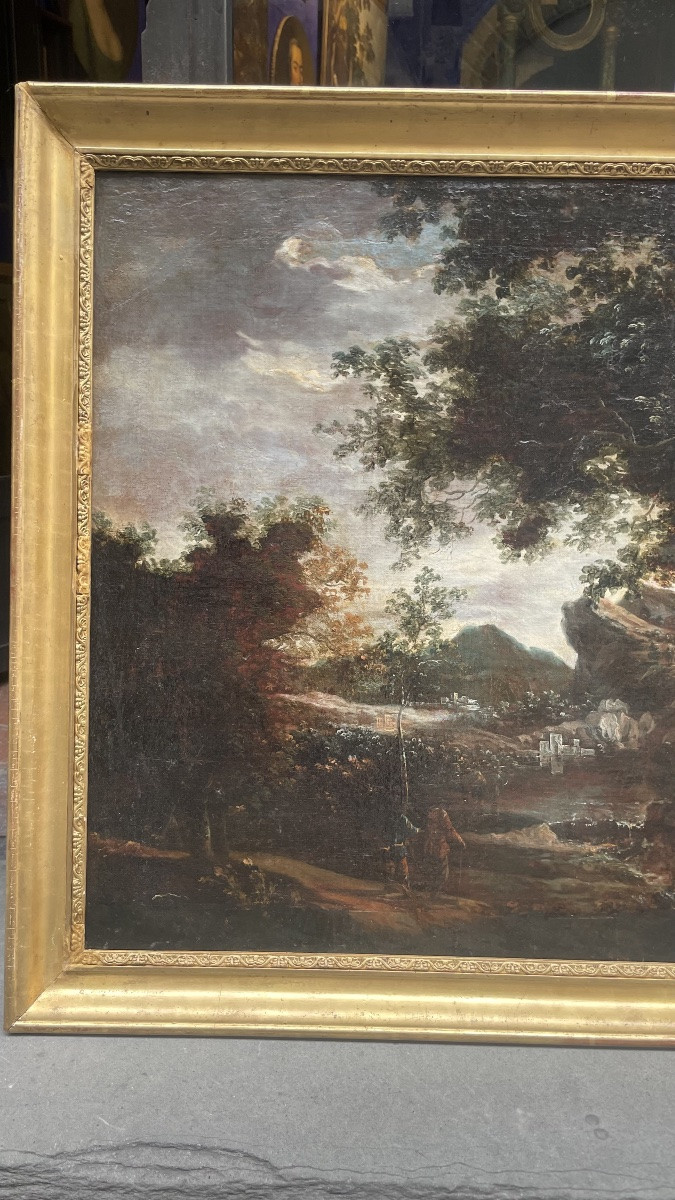 Scuola olandese, XVII secolo – Paesaggio montuoso e viandanti, ambito di Ruysdal-photo-1