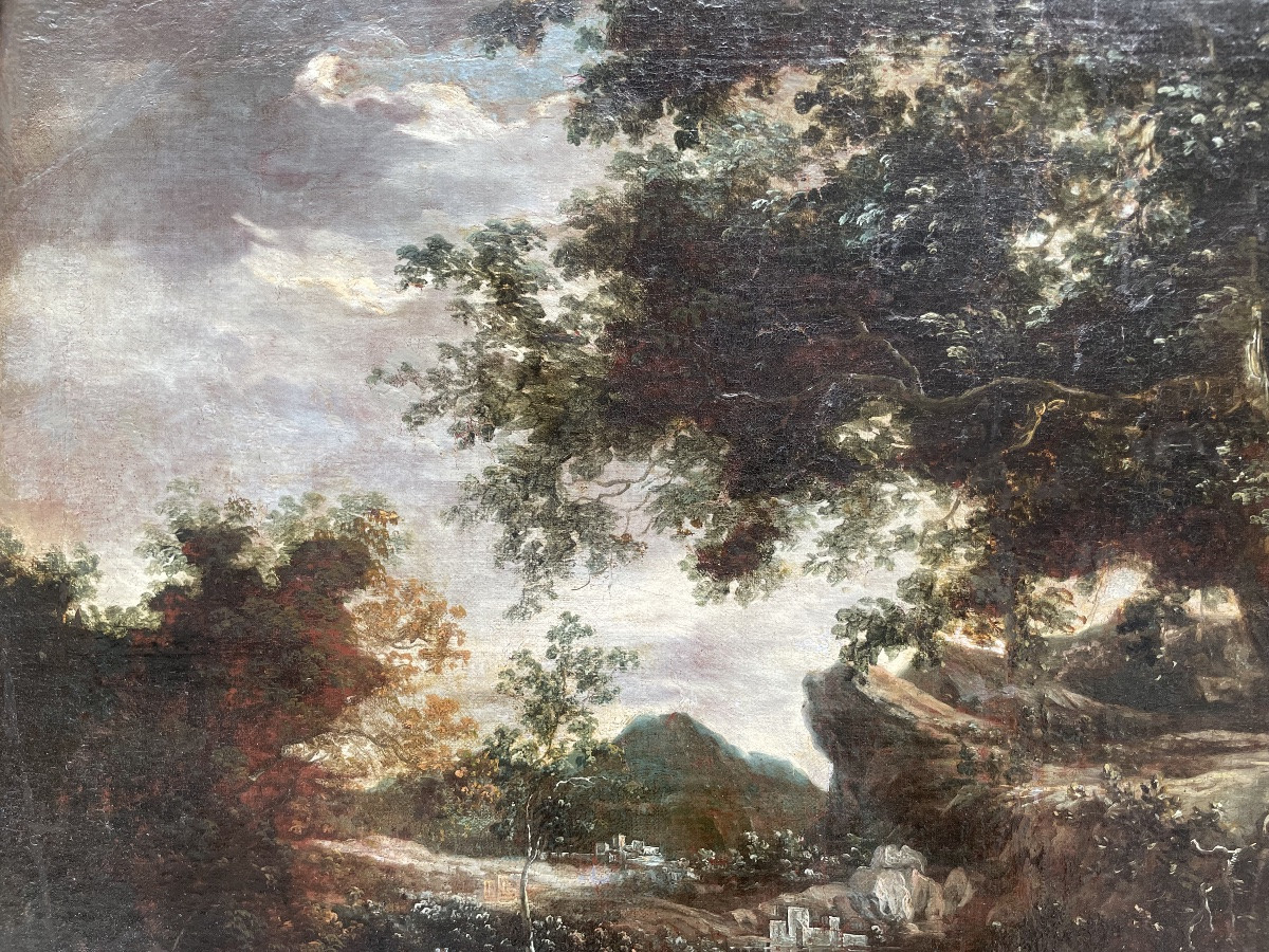 Scuola olandese, XVII secolo – Paesaggio montuoso e viandanti, ambito di Ruysdal-photo-2