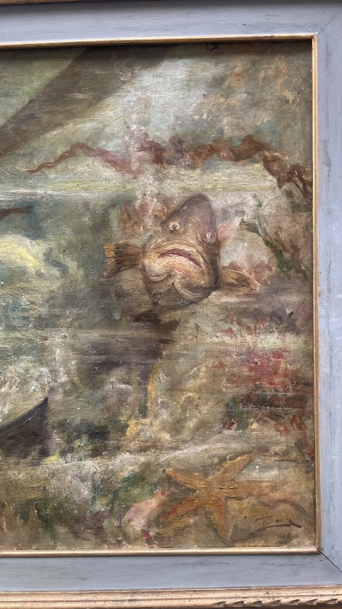 Subacqueo con cernia sotto lo scafo – metà del XX secolo . Cm99x 74-photo-6