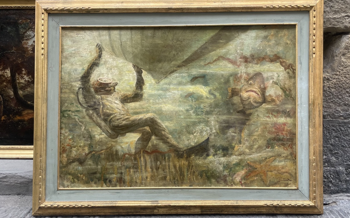 Subacqueo con cernia sotto lo scafo – metà del XX secolo . Cm99x 74-photo-8