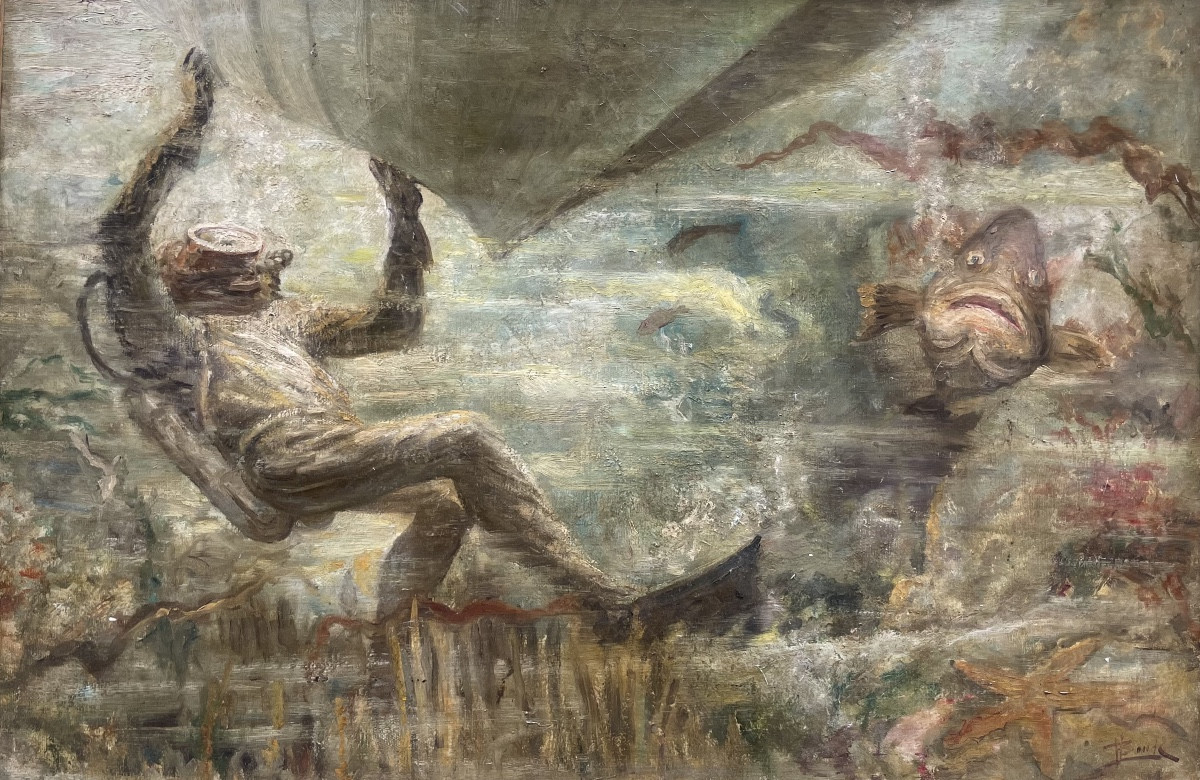 Subacqueo con cernia sotto lo scafo – metà del XX secolo . Cm99x 74