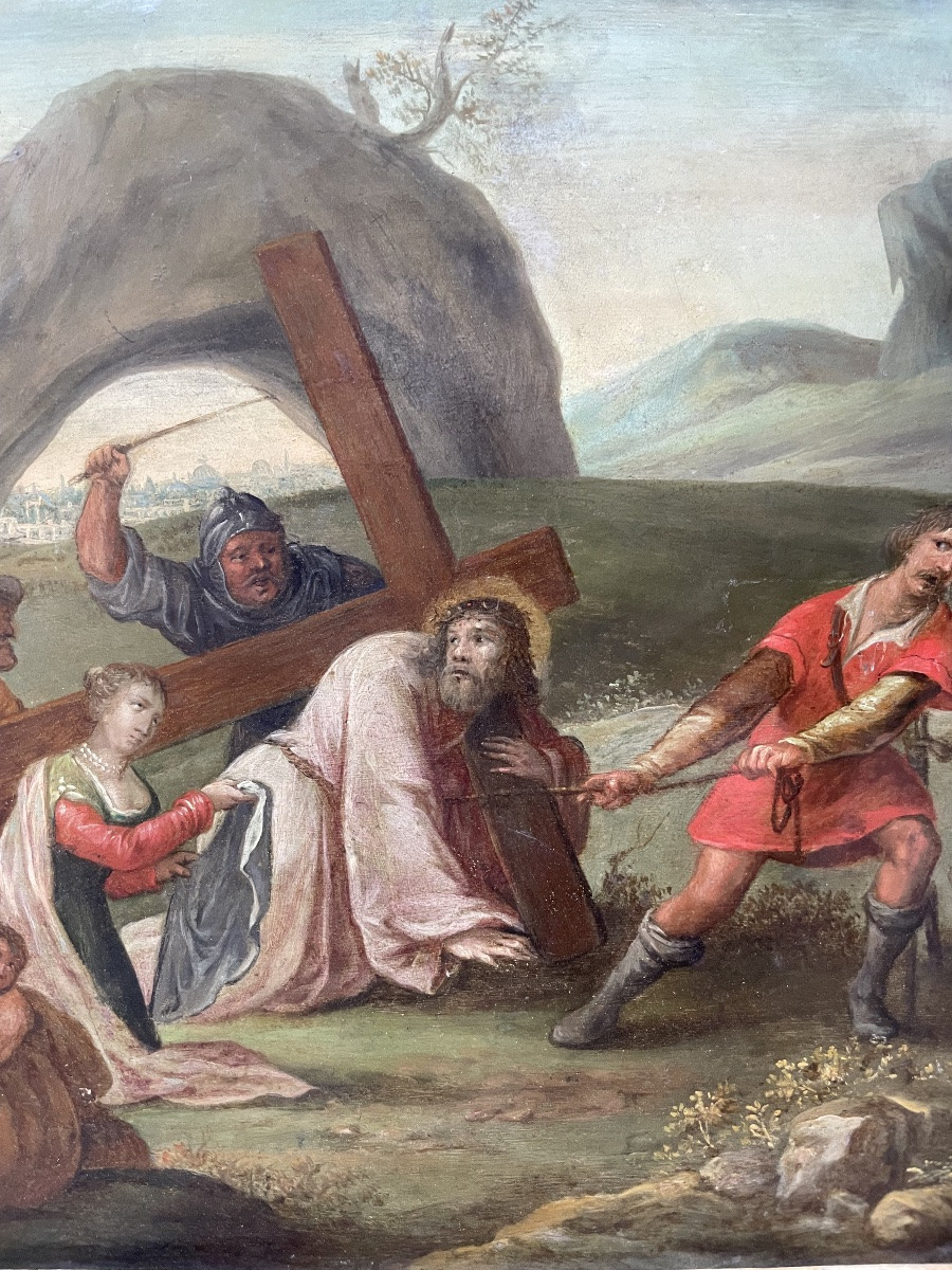 Veronica che offre il Santo Velo a Cristo – Scuola fiamminga, olio su rame-photo-4