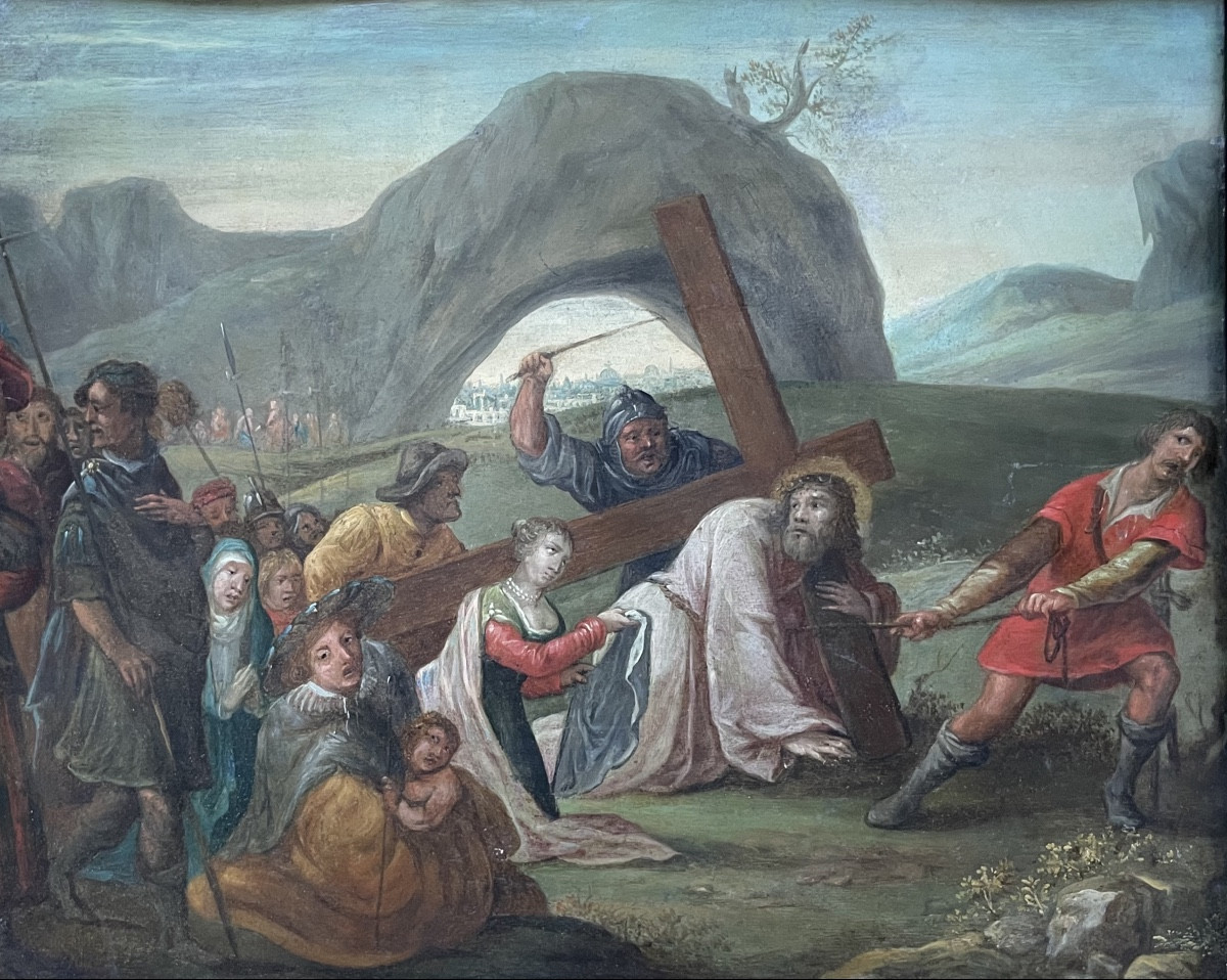 Veronica che offre il Santo Velo a Cristo – Scuola fiamminga, olio su rame