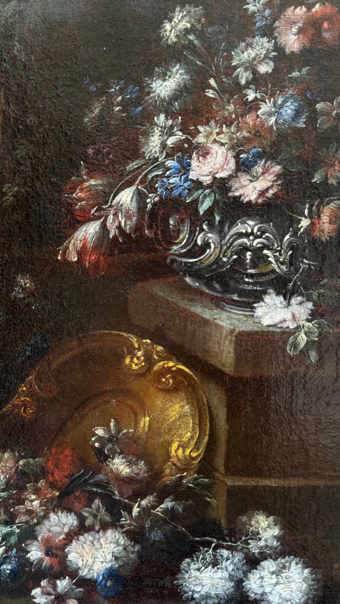 Gaspare Lopez, attrib. Natura morta con fontana, obelisco e cascata di fiori, Napoli, 1720 -photo-3