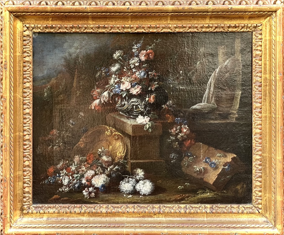 Gaspare Lopez, attrib. Natura morta con fontana, obelisco e cascata di fiori, Napoli, 1720 