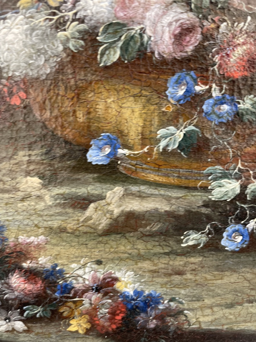 Gaspare Lopez, attrib. Natura morta con grande vaso e cascata di fiori nel giardino, ca.1720-photo-4