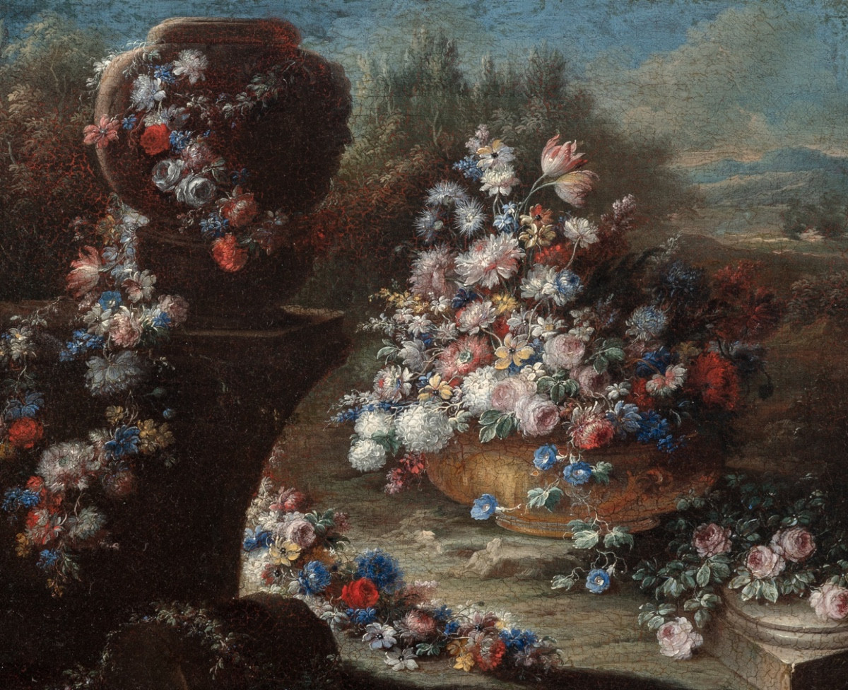 Gaspare Lopez, attrib. Natura morta con grande vaso e cascata di fiori nel giardino, ca.1720-photo-3
