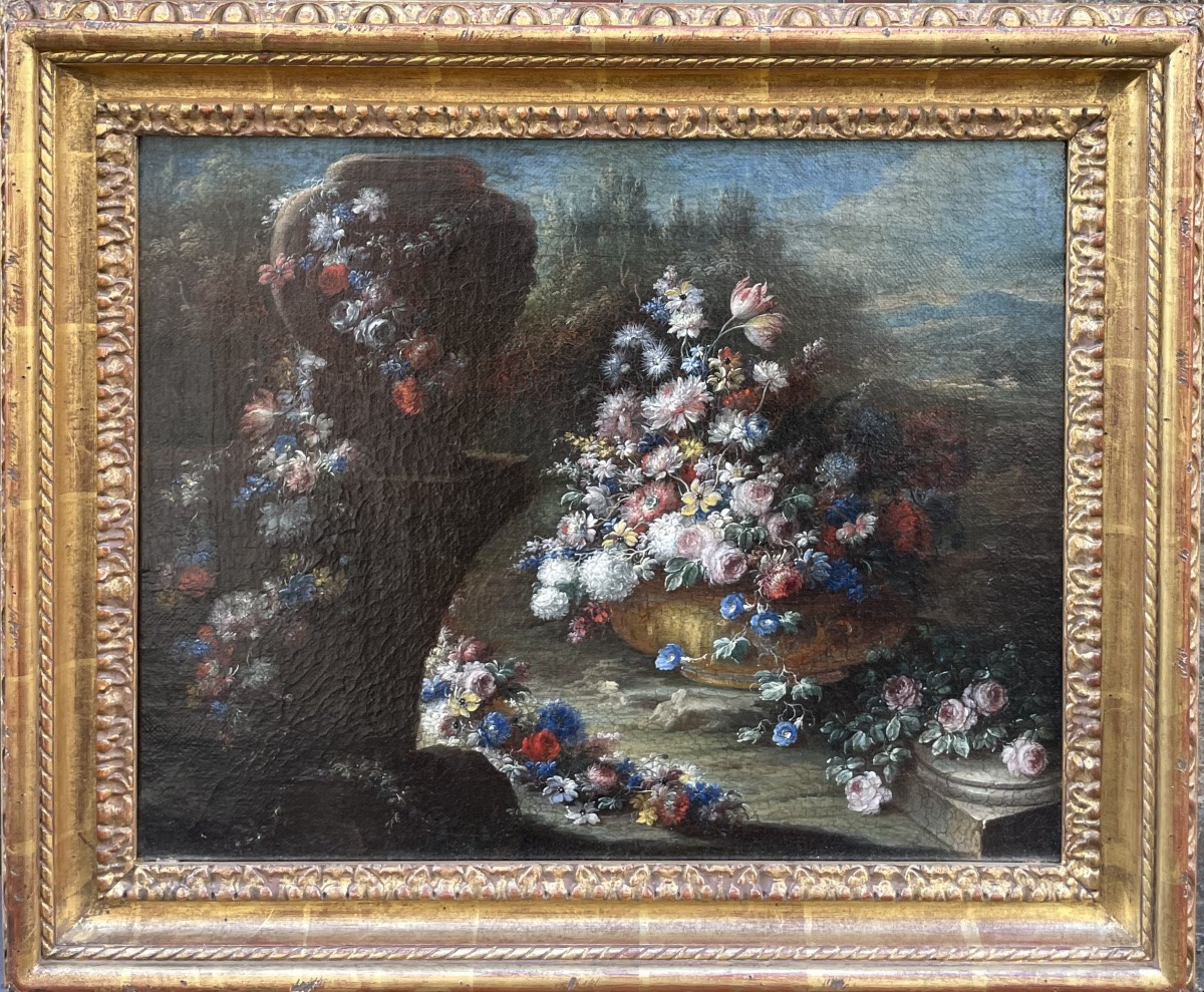 Gaspare Lopez, attrib. Natura morta con grande vaso e cascata di fiori nel giardino, ca.1720-photo-3