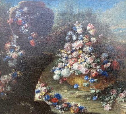 Gaspare Lopez, attrib. Natura morta con grande vaso e cascata di fiori nel giardino, ca.1720-photo-7