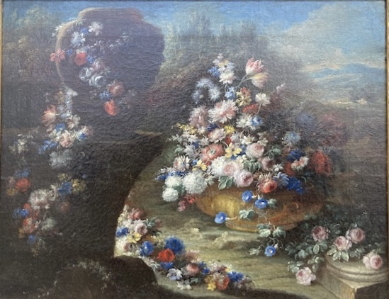 Gaspare Lopez, attrib. Natura morta con grande vaso e cascata di fiori nel giardino, ca.1720